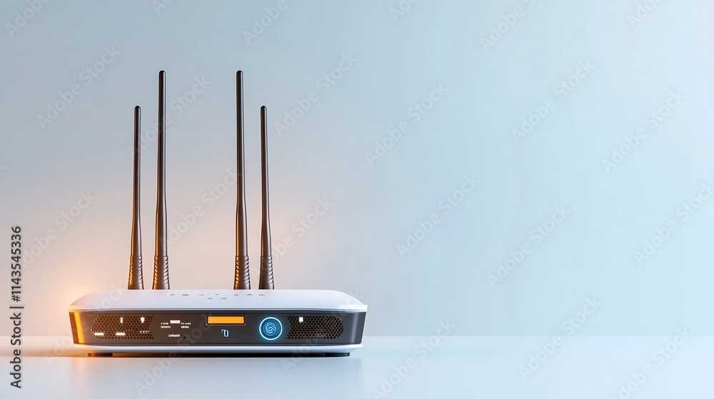 Poster minimalist photograph of a modern wireless router with multiple antennas placed on a clean white bac