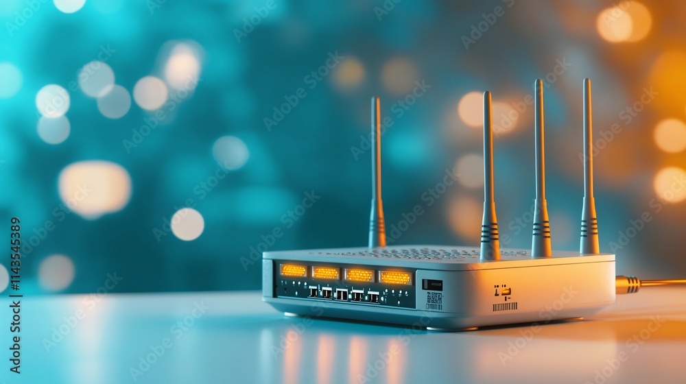 Poster photograph of a contemporary wireless router with multiple antennas placed on a pristine white backd