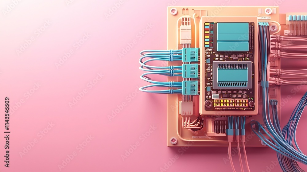 Poster photograph showcasing a professional ethernet switch device with several blue network cables connect