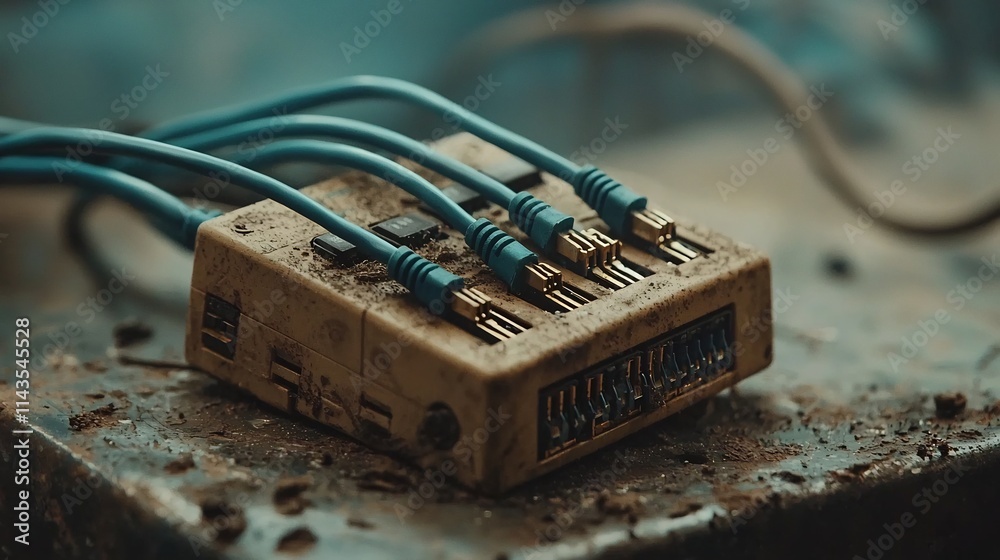 Poster close up shot of an ethernet switch with several blue cables connected set against a clean and minim