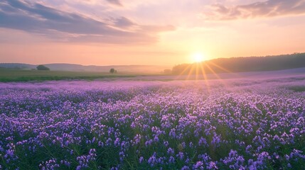 Obraz premium Blooming purple flowers beautifully gleam at sunrise wide shot photo.. AI Generated