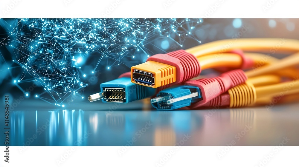 Poster neatly arranged cat6 ethernet cables with colorful connectors on a clean white background representi