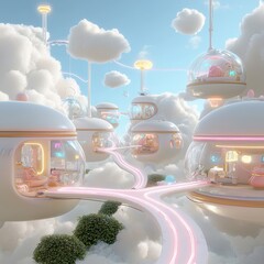 Futuristic Floating Cities in Soft Clouds with Neon Highlights