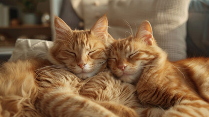 Fototapeta premium Cats displaying communication through body language, relaxed poses, cozy home setting
