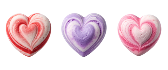 Three heart-shaped bath bombs in red, purple, and pink tones. Smooth texture, transparent background. Concept of relaxation and self-care