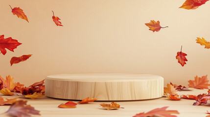 Empty wooden podium with autumn leaves on beige background suitable for fall inspired product presentation