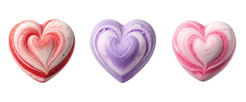Three heart-shaped bath bombs in red, purple, and pink tones. Smooth texture, transparent background. Concept of relaxation and self-care