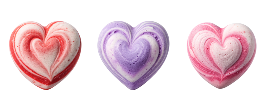 Three heart-shaped bath bombs in red, purple, and pink tones. Smooth texture, transparent background. Concept of relaxation and self-care