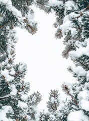 Snow-Covered Pine Branches Framing a Bright White Space in a Winter Landscape, Ideal for Seasonal Themes and Holiday Graphics