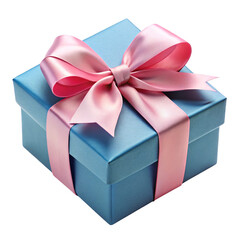 Blue gift box wrapped with a pink satin ribbon bow, on a transparent background. Represents...