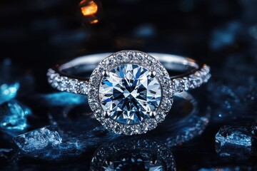 Fototapeta premium Stunning Large Gemstone Accessory. Elegant Diamond Ring With Brilliant Sparkle Against Isolated Background