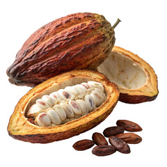 Fresh cocoa pod split open, showing white seeds and loose cocoa beans on transparent background....