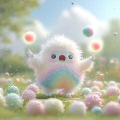 Cute furry creature playing joyfully with colorful floating bubbles
