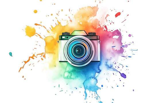 a white camera with a lens is surrounded by colorful watercolor splatter in a vibrant rainbow pattern