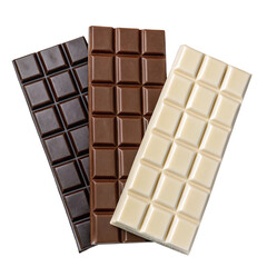 Three chocolate bars in dark, milk, and white shades arranged diagonally on a transparent background, symbolizing variety and indulgence