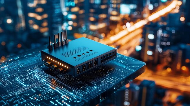 A modern photograph showcasing a PoE Power over Ethernet injector device placed on a desk or table surface against a blurred and minimalist tech focused background
