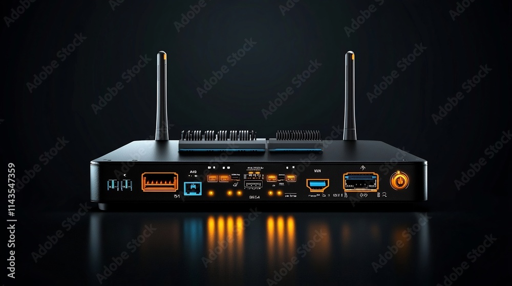 Poster detailed image of a modular network router with ports for wan lan and usb connectivity showcasing a 