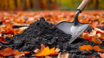 A shovel full of dark soil sits amidst a carpet of autumn leaves.