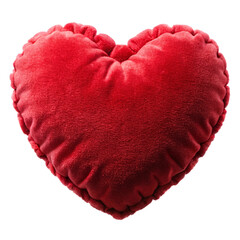 Soft, plush red heart-shaped pillow with a velvet texture, isolated on a transparent background,...