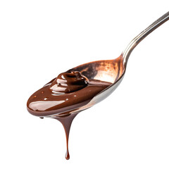 Close-up of a spoon holding melted chocolate with a drip, isolated on a transparent background....