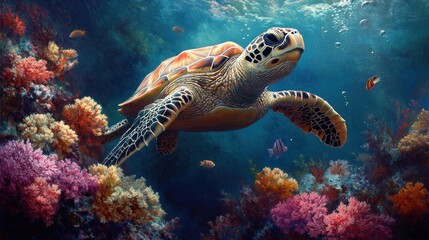 Sea turtle swims through vibrant coral reef.