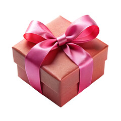 Red gift box adorned with a pink satin ribbon bow, on a transparent background. Concept of celebrations, gifts, and surprises