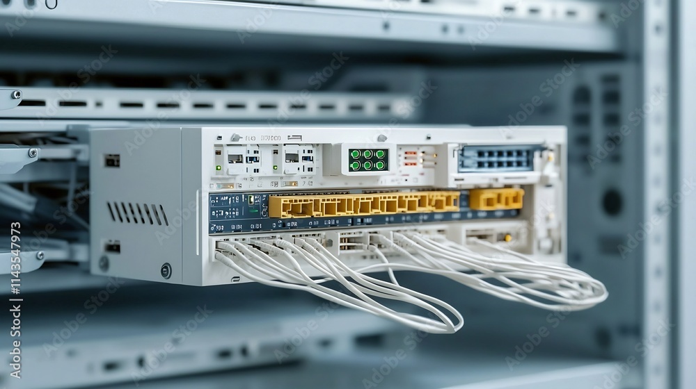 Poster closeup view of a network rack mounted switch with carefully arranged cables and glowing green indic