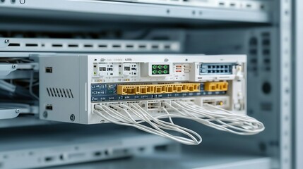 Closeup view of a network rack mounted switch with carefully arranged cables and glowing green indicator lights showcasing a tidy and functional IT infrastructure