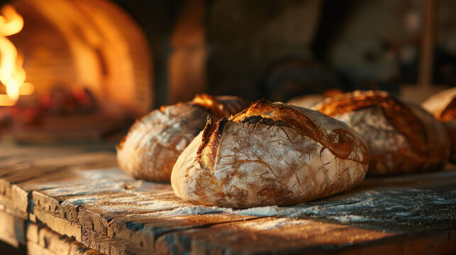 Close-up of bread baking in ancient brick oven, warm glow from fire, earthy rustic setting