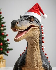 A toy dinosaur in a Santa hat sits near a Christmas tree with a gift box on a table and a...