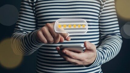 Person using mobile phone giving five star rating review