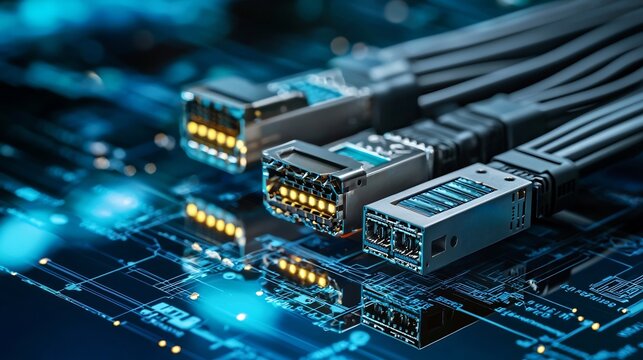 Detailed close up view of multiple high speed SFP Small Form factor Pluggable transceivers lined up on a reflective metallic tech surface