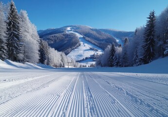 Tranquil Winter Landscape of Freshly Groomed Snow Trail Surrounded by Frosty Trees and Majestic Mountains Under a Clear Blue Sky