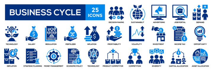 Business cycle icons set. Contains inflation, profitability, money management, strategic planning, volatility icons. 