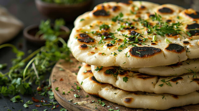 Crispy flatbread stacked, charred edges, garnished with fresh herbs, close-up, earthy tones, minimalistic presentation, casual dining
