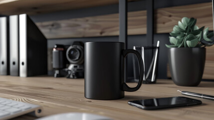 Custom mug on a workstation with office supplies, minimal decor, ideal for branding designs