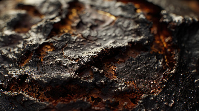 Darkly charred bread crust, thick and rustic, rich tones, cozy artisan bakery setting, close-up on texture