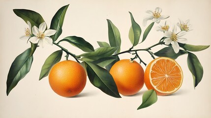 Oranges gracefully resting with flowers on light background digital painting. AI Generated
