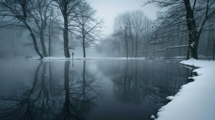 Fototapeta premium Dark, foggy winter lake surrounded by snow-covered trees, creating a tranquil, haunting ambiance