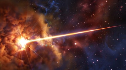 Glowing gamma ray symbol with radiant high-energy beam piercing through dark atmospheric background, emphasizing scientific significance and intensity.