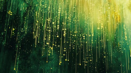 Naklejka premium Golden Rain: Digital Painting of Emerald Cave Interior. AI Generated