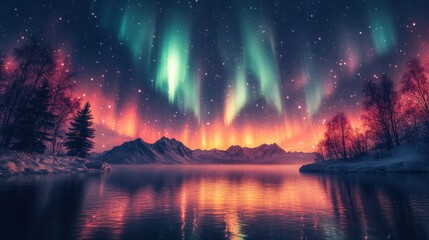 Vibrant aurora borealis reflected in a calm winter lake, surrounded by snow-covered trees and mountains under a starry sky.