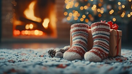 Christmas socks, fireplace background, christmas toys, Holiday presents, gift box, Merry Christmas and Happy New Year background, winter holidays concept, chrismas symbol, light effects, bokeh