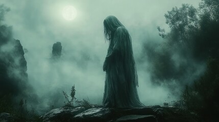 Hooded figure, misty moonlit ruins, eerie forest.