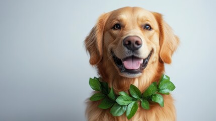 Golden retriever dog adorned with a leafy collar, isolated on a white background