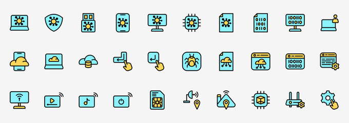 Icon set tech information include coding, pogrammer, malware, network etc. icon pack Line Flat color style