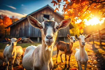 Fototapeta premium Autumn Goat Farm Close Up Vintage Photography - Farm Animals, Rustic Fall Scenery