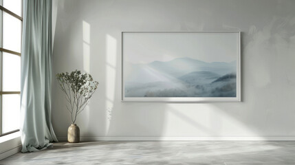 Elegant horizontal frame, mounted on a clean wall with soft shadows, great for showcasing landscape designs