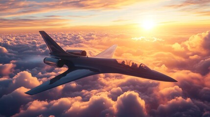 Jet aircraft flying above clouds at sunset.