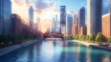 Fototapeta premium Golden Hour Cityscape: 3D Render of Riverfront Architecture. AI Generated